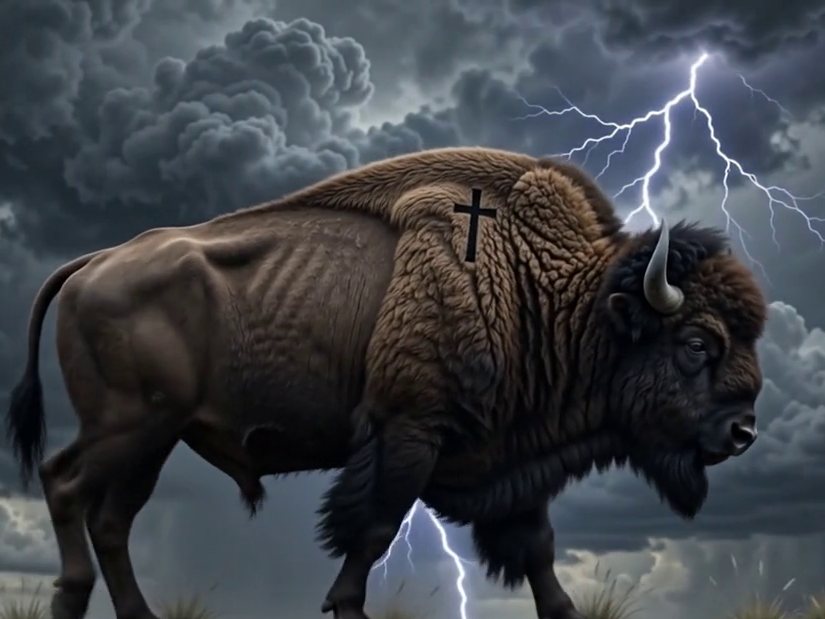 A bison walking a ridge directly into a lightning storm, a cross branded on its shoulder