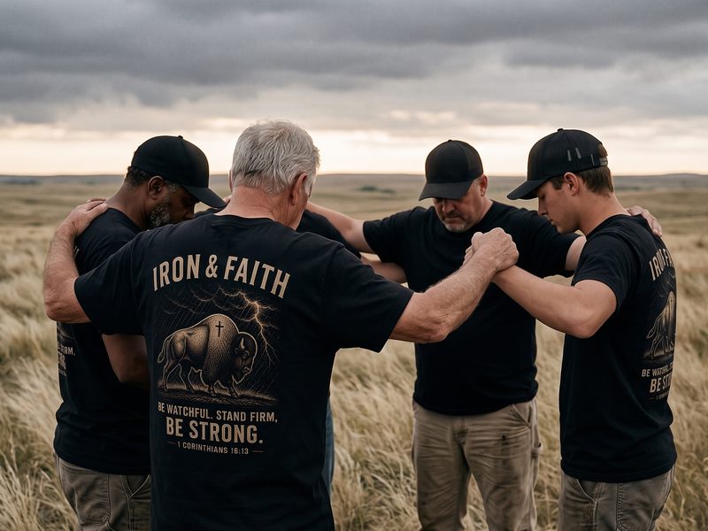 Five men standing in a circle in an open field, arms on each other's shoulders, heads bowed in prayer