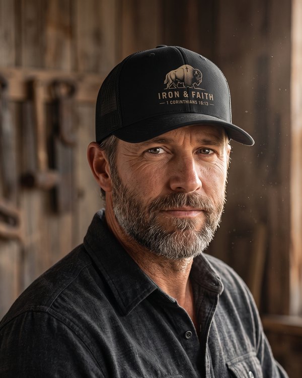Man wearing the Iron & Faith embroidered bison cap