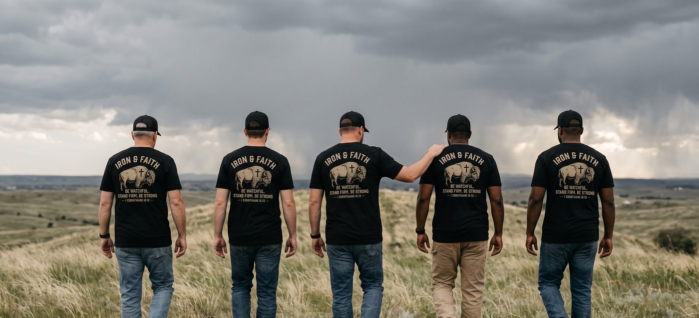 Five men in Iron & Faith tees walking up a ridge toward a storm front