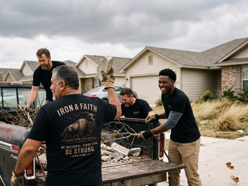 Men loading storm debris into a pickup truck on a residential street, one laughing