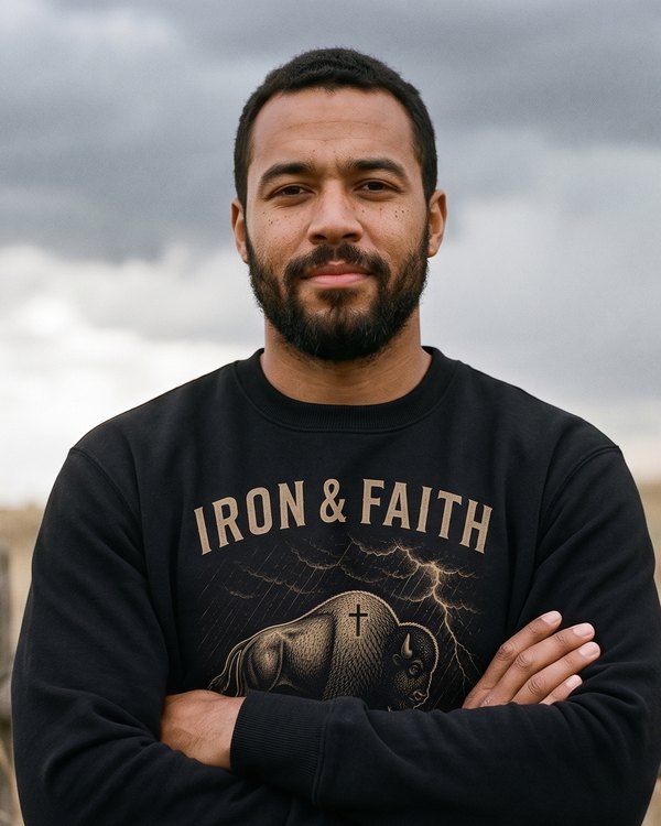 Man wearing the Iron & Faith crewneck sweatshirt